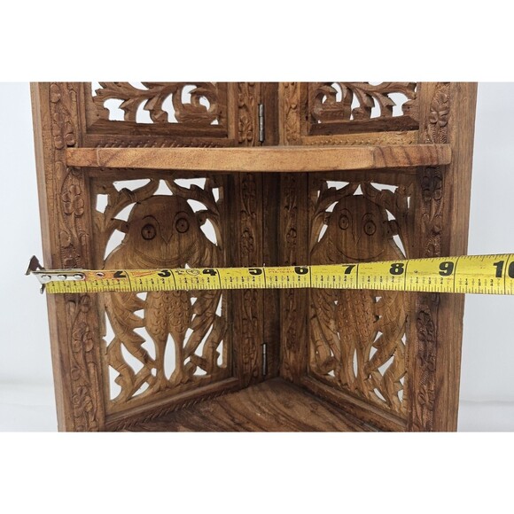 Vintage 16” Hand Carved Wood Folding Corner Display Shelf 2 Tier Owl India - Picture 15 of 16